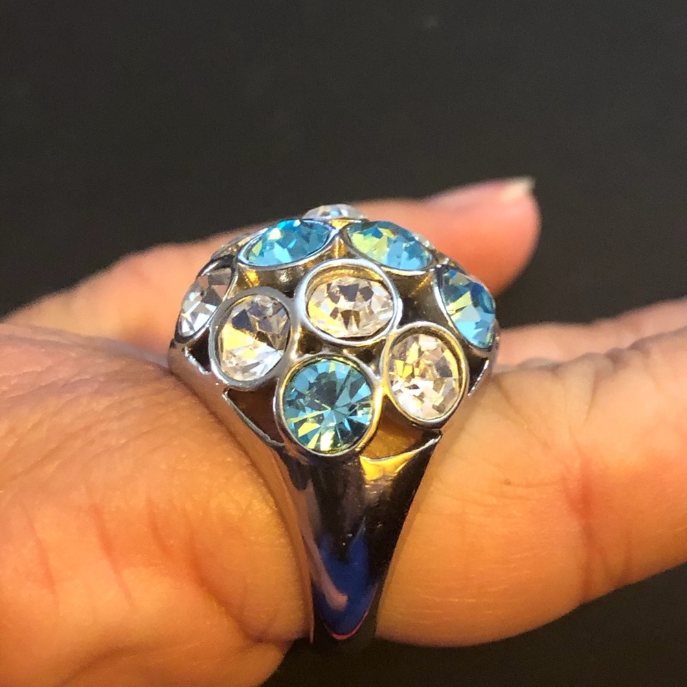 Aqua and clear crystal stones, bezel set in silver